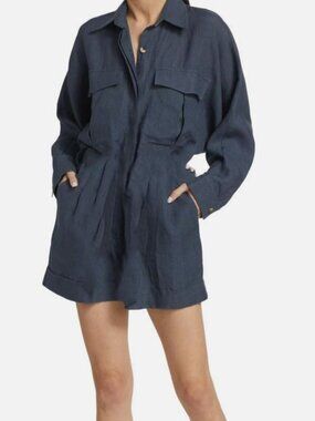 Piece of White Women's Blue Soleil Shirtdress Linen Long Sleeve Jumpsuit Size S